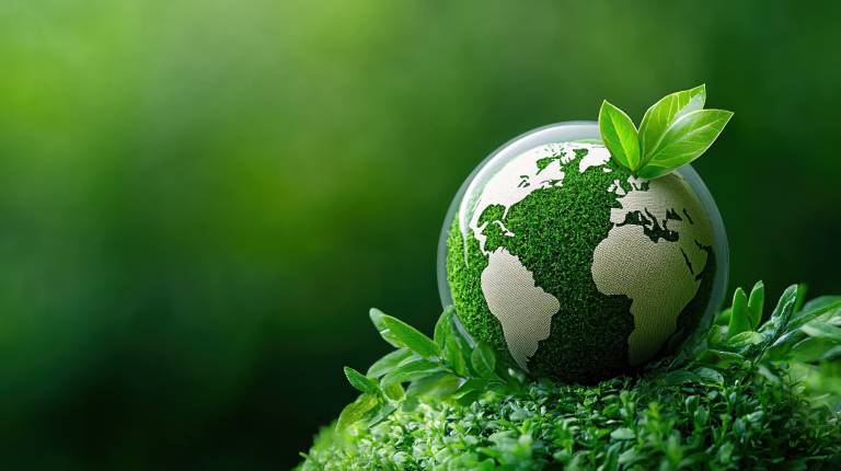 A green globe adorned with lush vegetation represents the commitment to sustainable development goals, emphasizing the importance of carbon neutrality and environmental preservation.