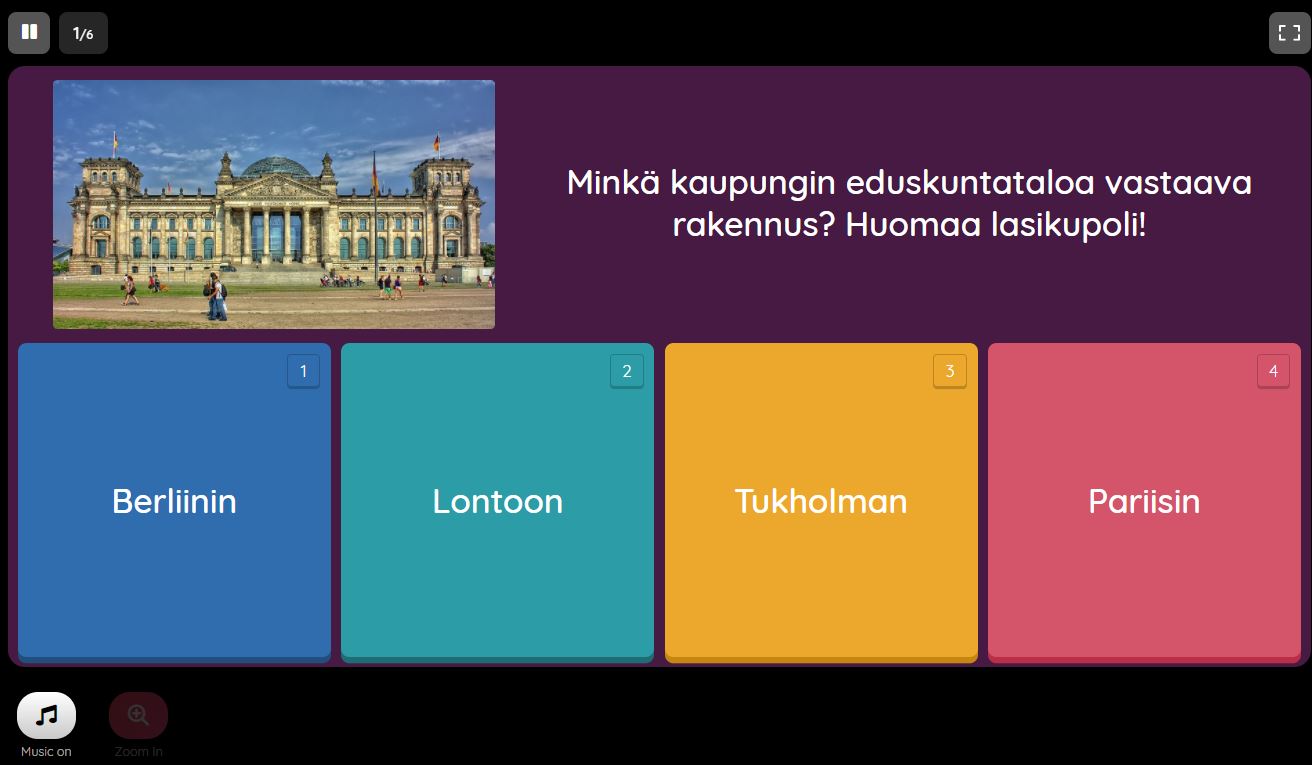 Ruudunkaappauskuva Quizizz-kyselyn monivalinnasta.