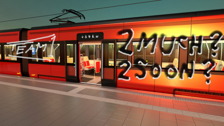 Havainnekuva Tampereen ratikasta. Kuvaan muokattu teksti "2 much 2 soon".