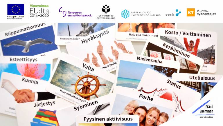 Logot: Euroopan unioni, Euroopan sosiaalirahasto, Vipuvoimaa EU:lta 2014 - 2020, Tampereen ammattikorkeakoulu, University of Eastern Finland, Lapin yliopisto - University of Lapland, SAMK, KT Kuntatyönantajat, Etänä Enemmän - sote-työ uudistuu, Kuvan teksti: riippumattomuus, esteettisyys, kunnia, järjestys, hyväksyntä, valta, halu vaikuttaa ja päättää, syöminen, fyysinen aktiivisuus, kosto/voittaminen, kerääminen, mielenrauha, uteliaisuus, status, perhe.