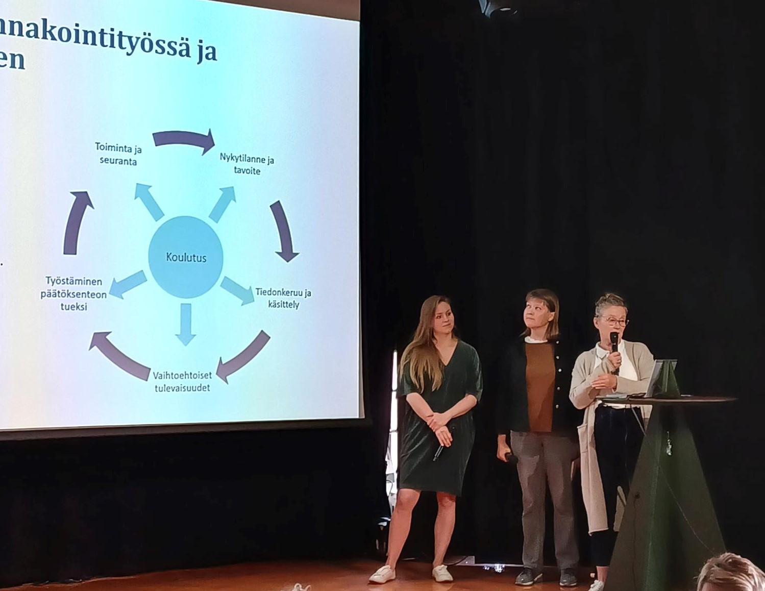 Kolme puhujaa pitää puheenvuoroa TJANSSI-hankkeen lopputilaisuudessa.