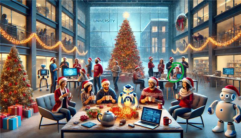 AI made image of university staff enjoying christmas at the university