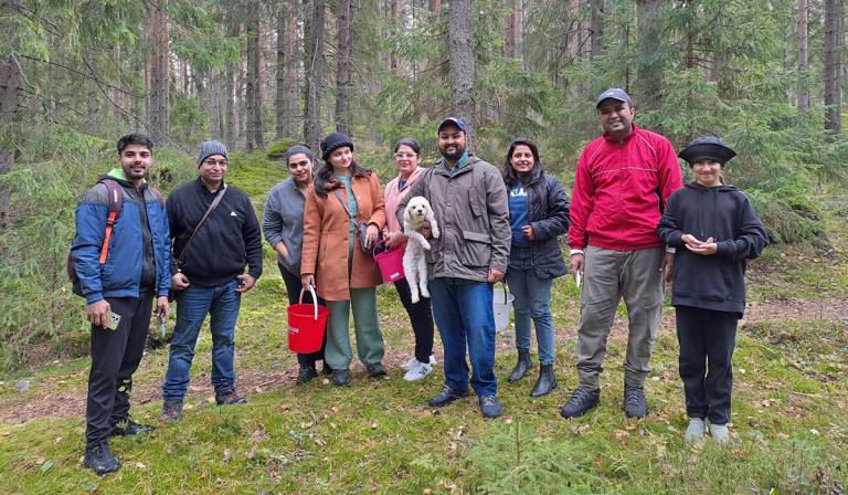 Nine people standing in a row in a forest.