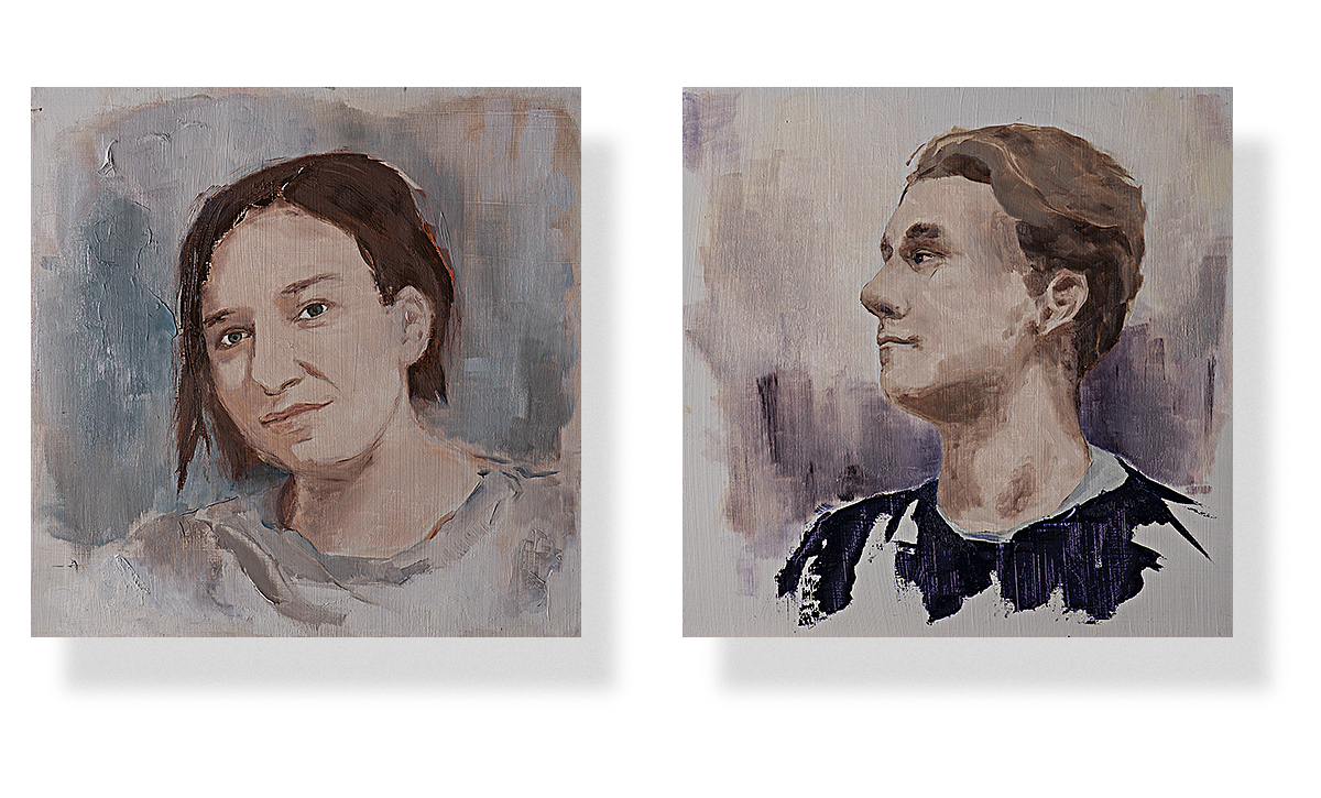 Podcast-henkilöiden muotokuvia. Maalannut Veera Jokitalo.