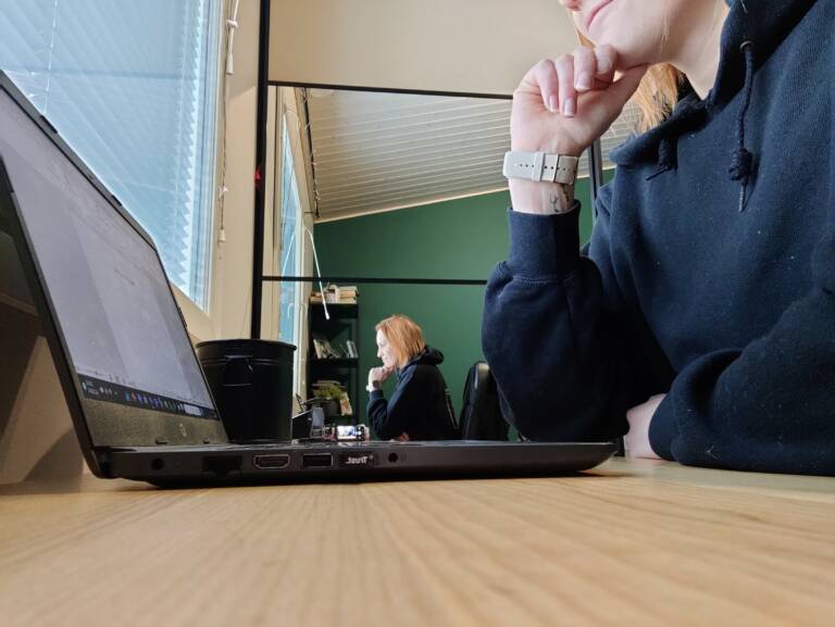 Kuvassa henkilö katsoo kannettavaa tietokonetta.