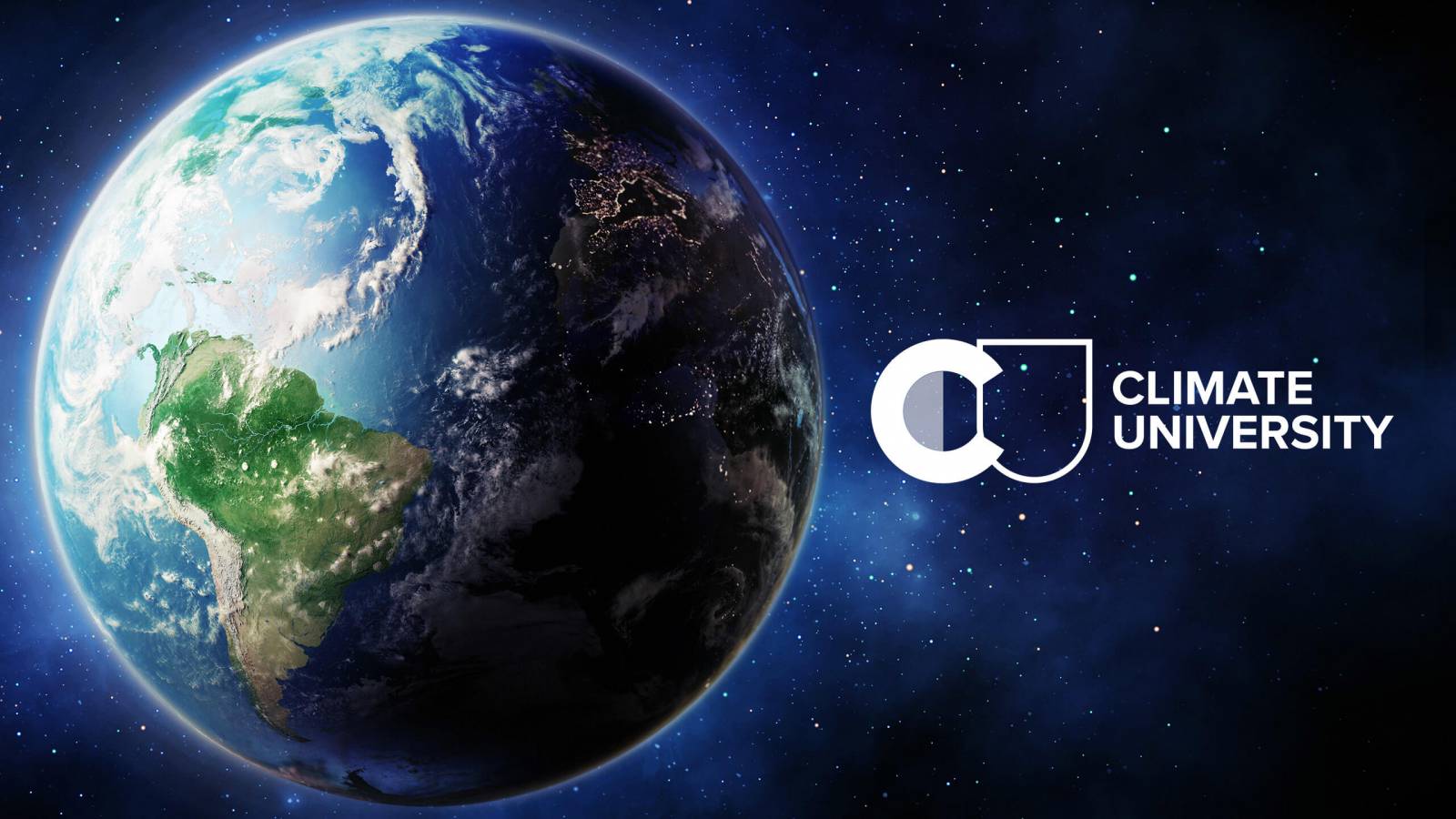 Globe in space with a text "Climate university".