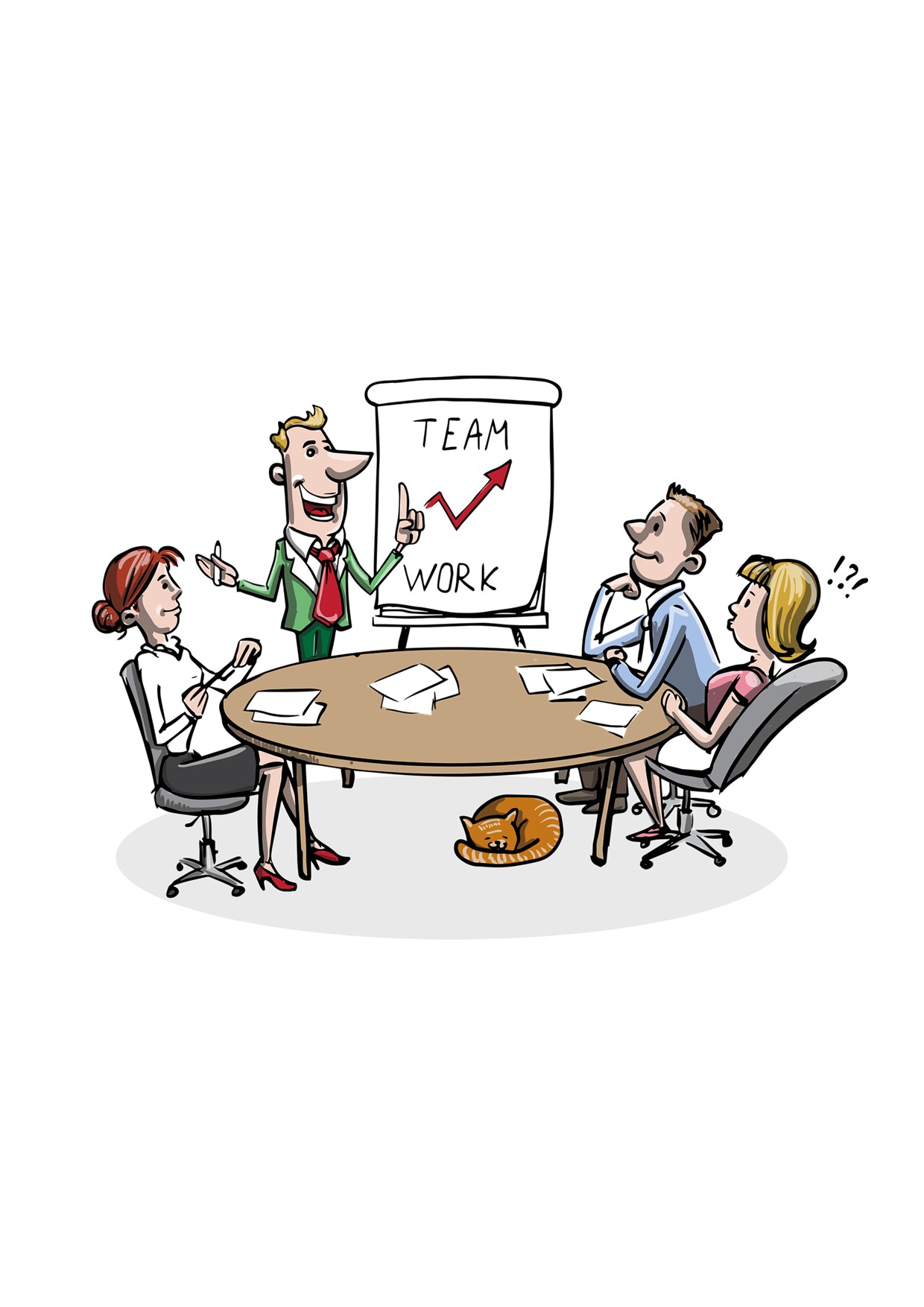 Piirroskuvassa työntekijöitä kokouksessa pöydän ja fläppitaulun ääressä.