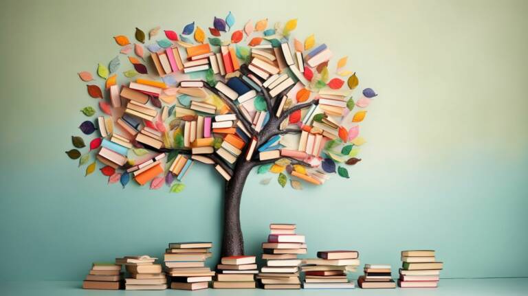 A tree made of books.