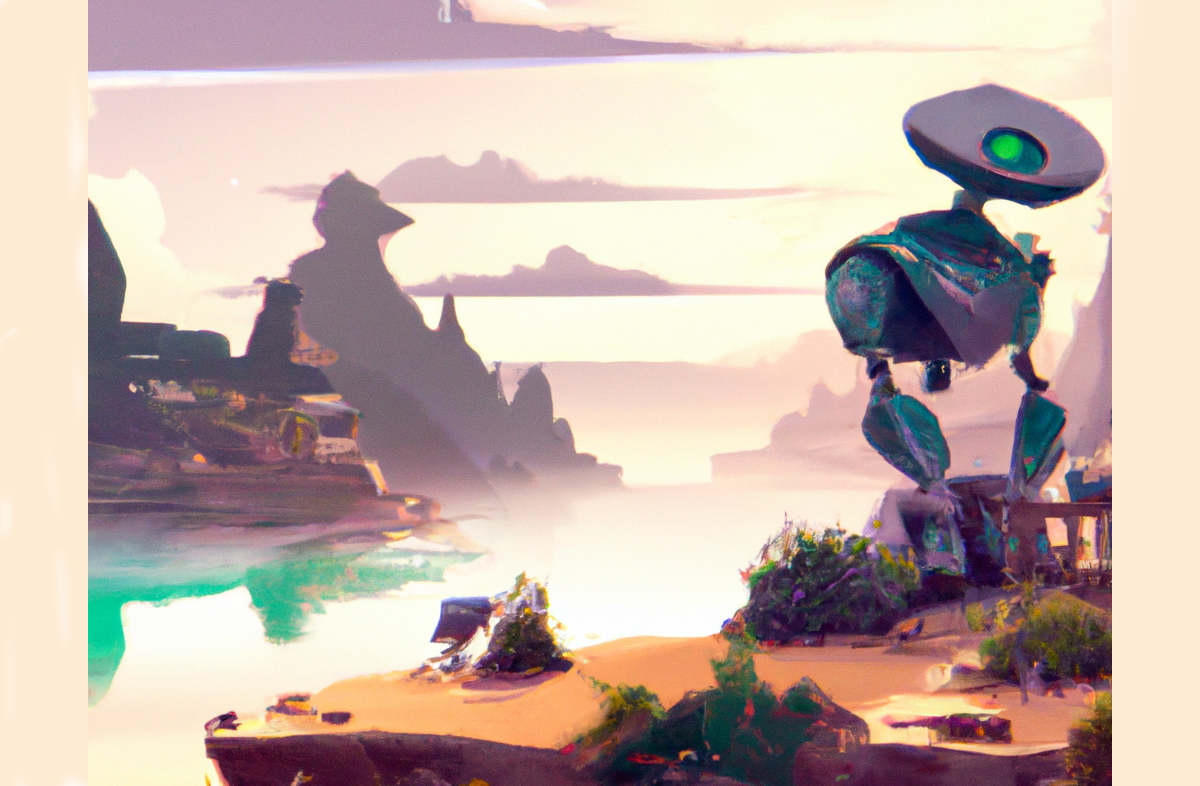 Tekoälyn luoma kuva Robotti kauniissa maisemassa