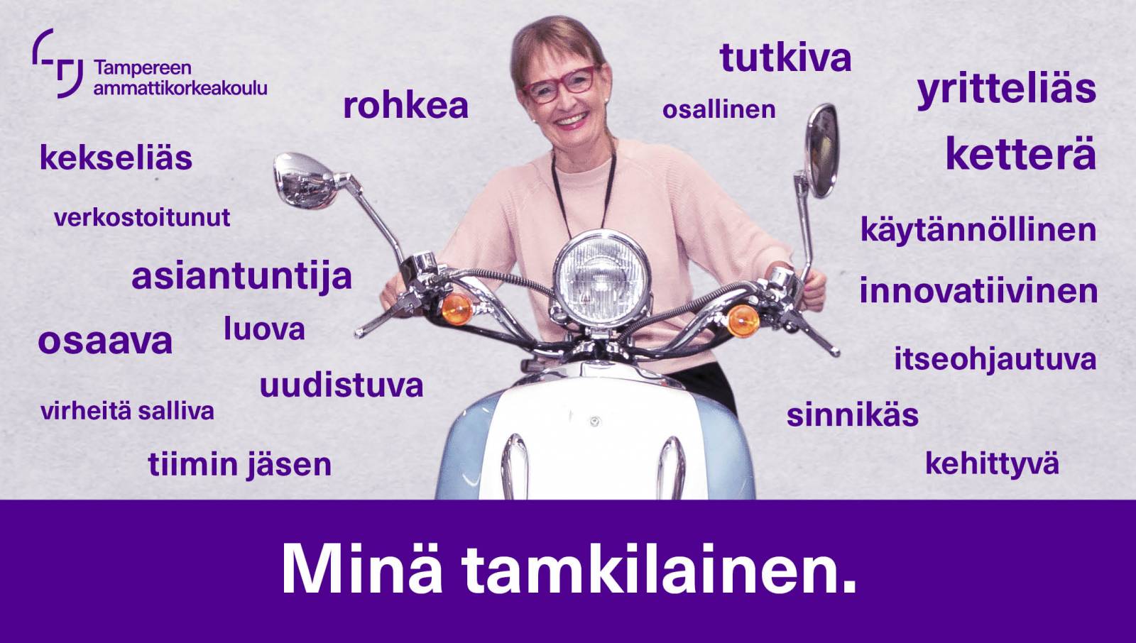 Annukka Tapani mopon kyydissä. Sanat minä tamkilainen.