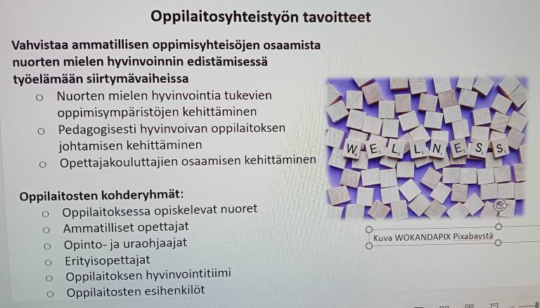 Kuva diasta, jossa tekstiä ja aihekuva. Oppilaitosyhteistyön tavoitteet: Miten oppilaitokset voivat olla tukemassa nuorten mielen hyvinvointia ja oman oppilaitoksen hyvinvointia? Muun muassa näitä asioita pohdittiin syyskuussa käynnistyneen Nuorten mielenterveyden tuki työelämässä ja työelämään siirryttäessä -hankkeen ensimmäisessä oppilaitosten infotilaisuudessa.