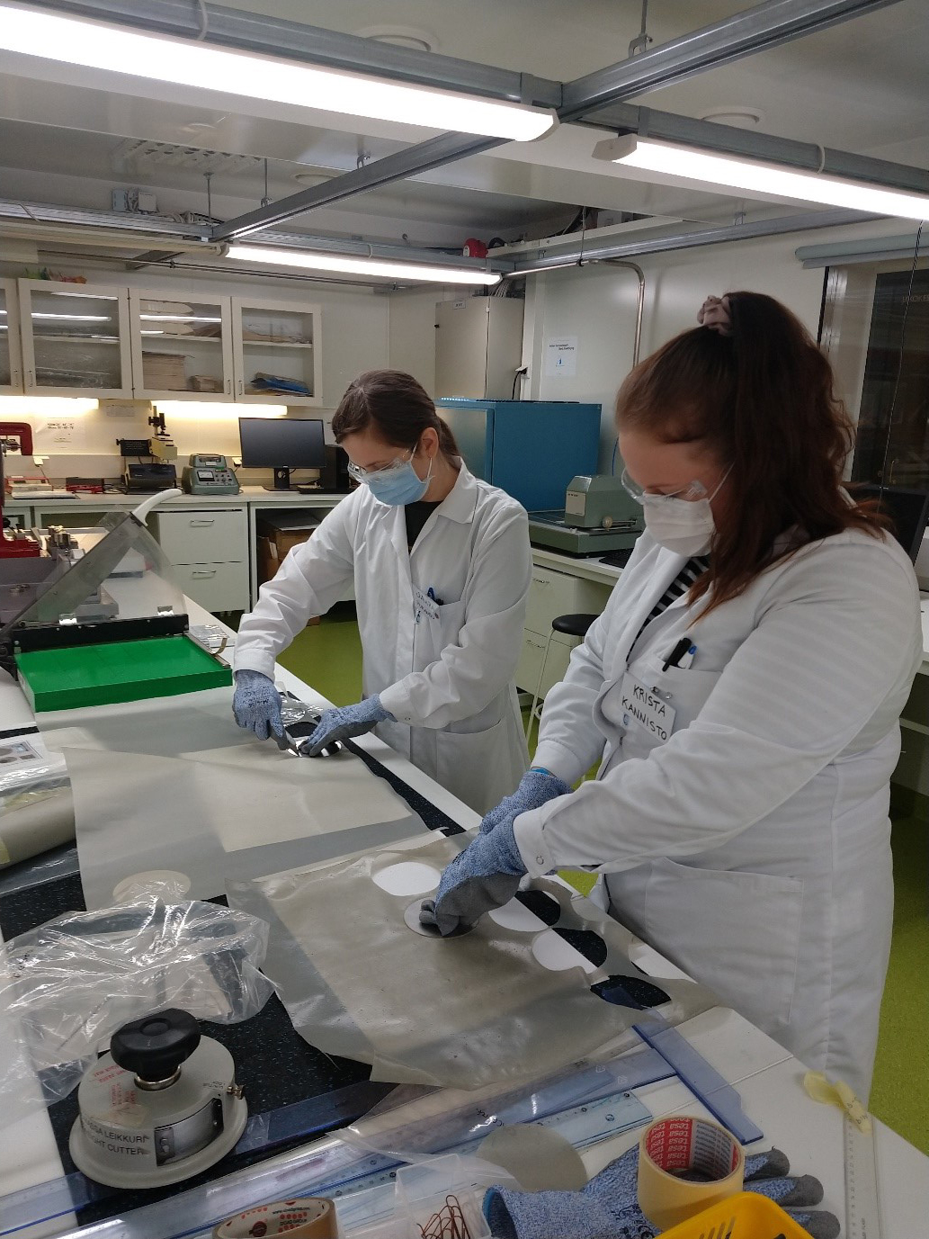 Saara Puranen ja Krista Kannisto leikkaavat näytteitä migraatiomääritykseen.