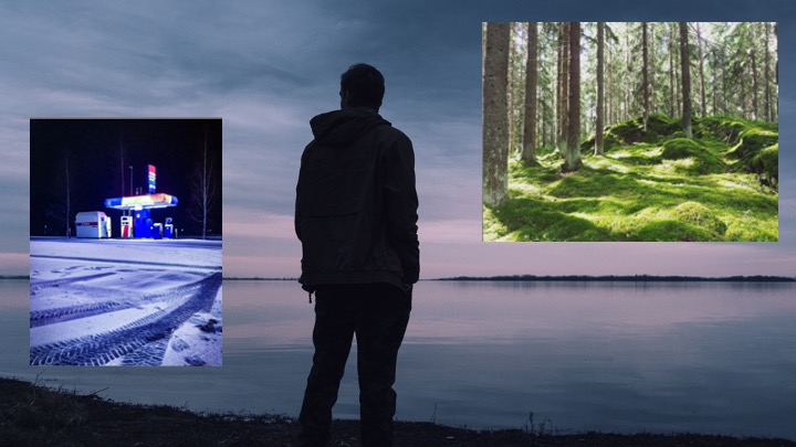 Ihminen seisoo rannalla selin kuvaajaan. Kuvan päällä kaksi muuta valokuvaa luonnosta, talvinen ja kesäinen.