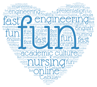 A heart that includes words in English, such as "fun", "nursing" and "engineering"