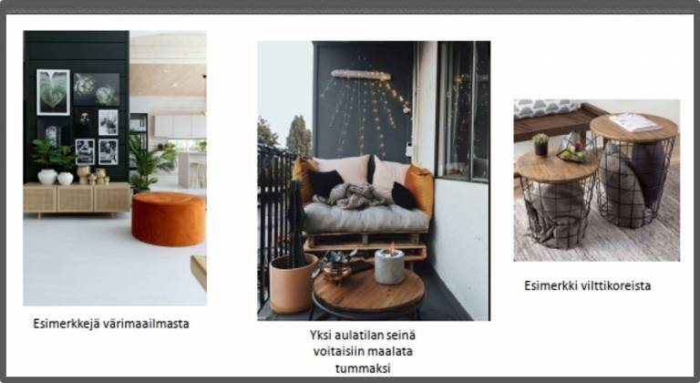 Ideakuva, jossa erilaisia sisustuskuvia.