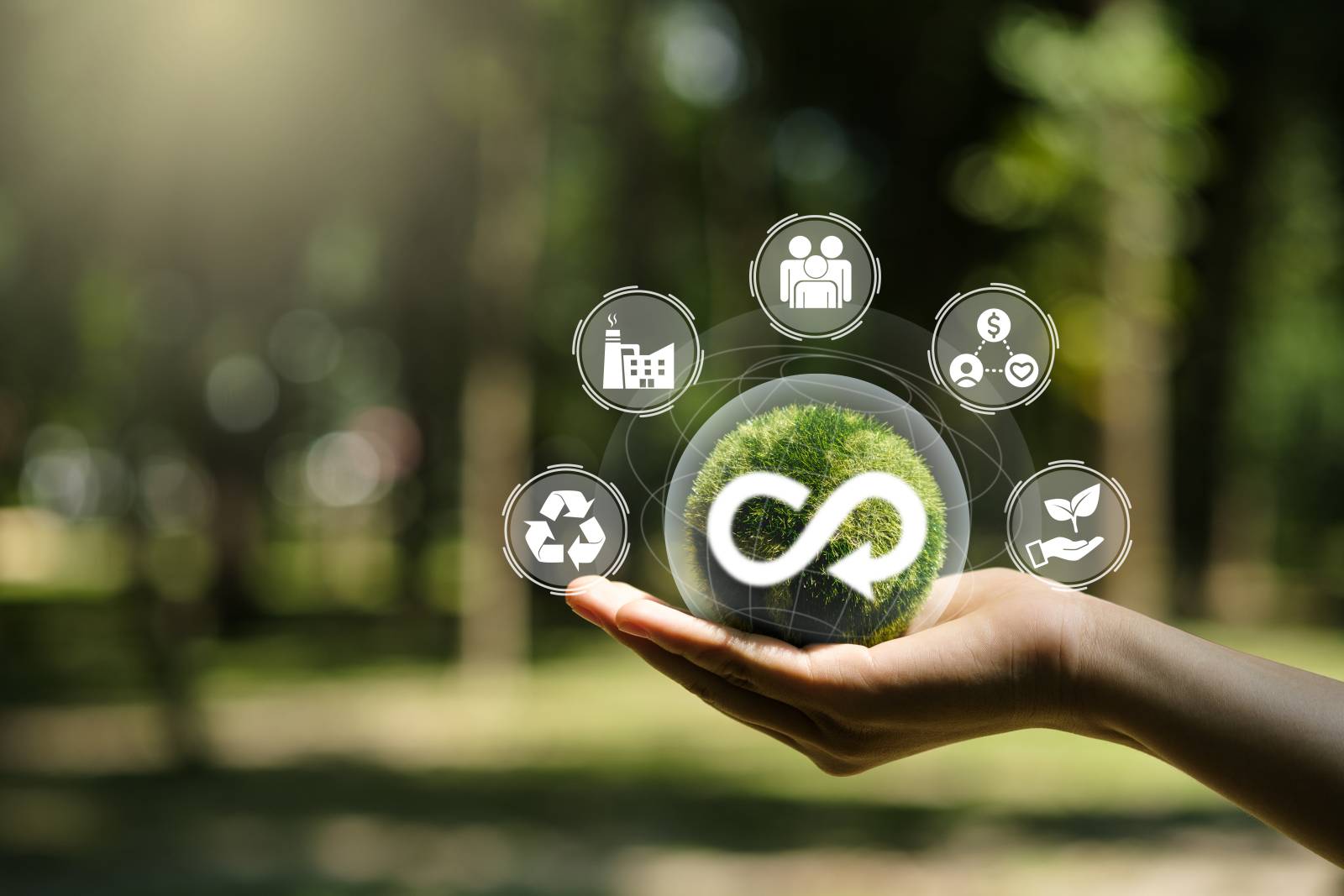 Hand of human holding green earth circular economy icon. Circulating in an endless cycle, Business and world sustainable environment concept.