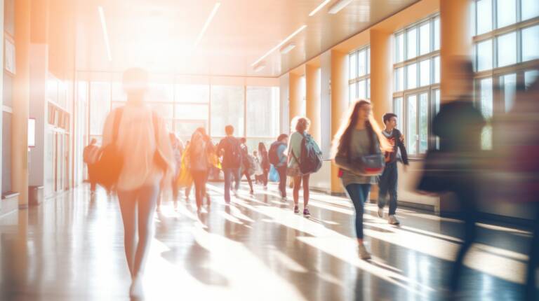 Ihmisiä kävelemässä valoisassa aulassa.