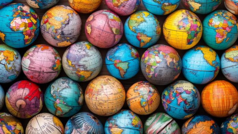 Monta pientä maapalloa rivissä. Kuvituskuva