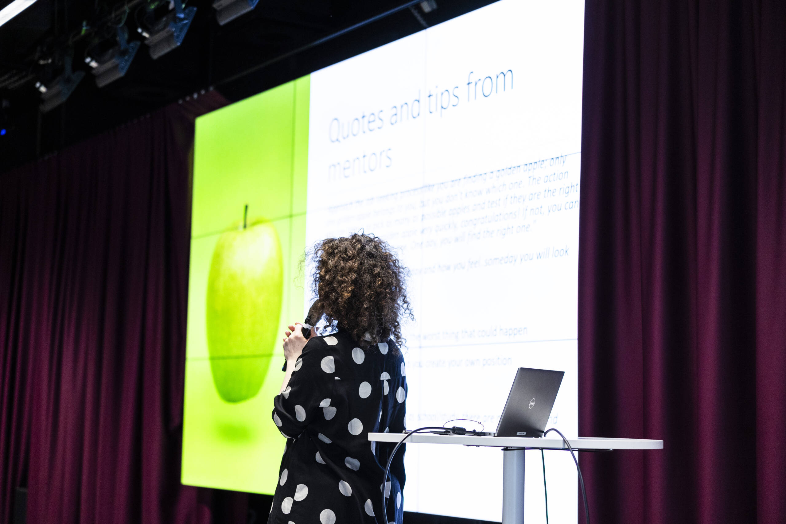 Curly haired speaker giving a presentation.