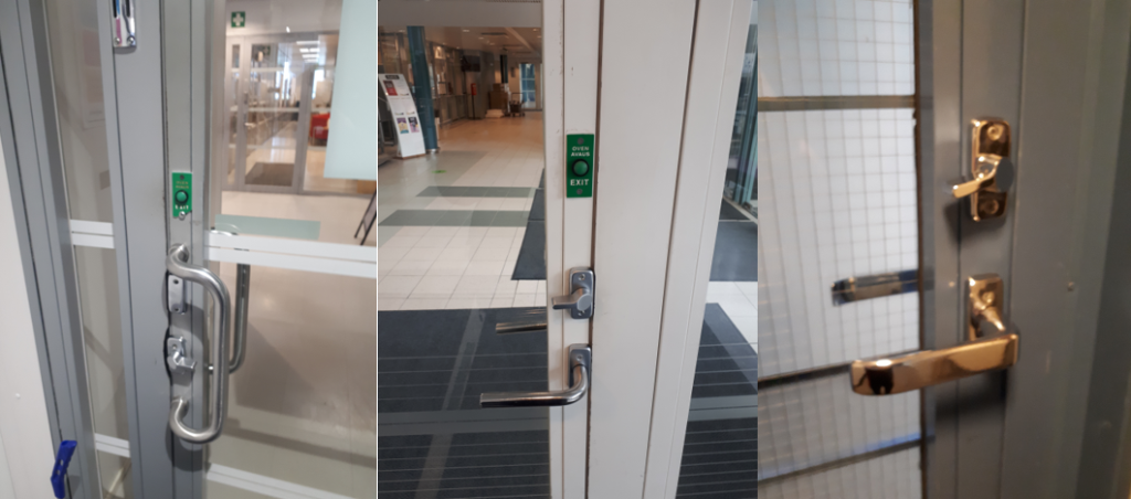 Three different doors with three different kinds of handles