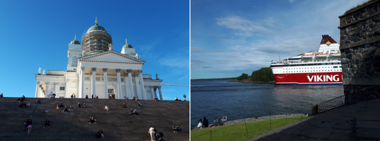 The left image shows the dome of Helsinki on top of stairs. The right image a ferry that is passing by some fortress on an island.
