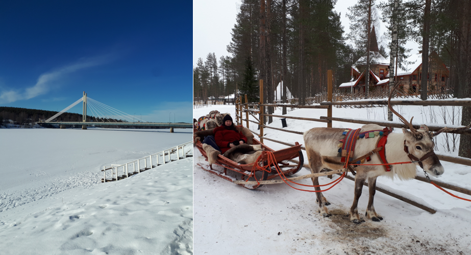 The left image shows a bridge over a frozen river. The right image a person in a sledge behind a reindeer.