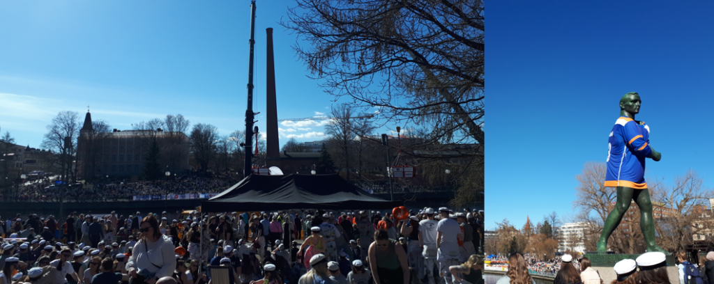 The left image shows many people wearing white caps, a black tent, and a crane on a sunny day. The right image shows a statue that has been dressed in a hockey jersey.