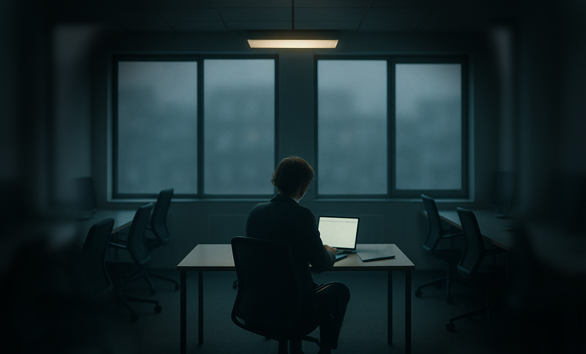 Henkilö pimeässä huoneessa pöydän ja läppärin ääressä.