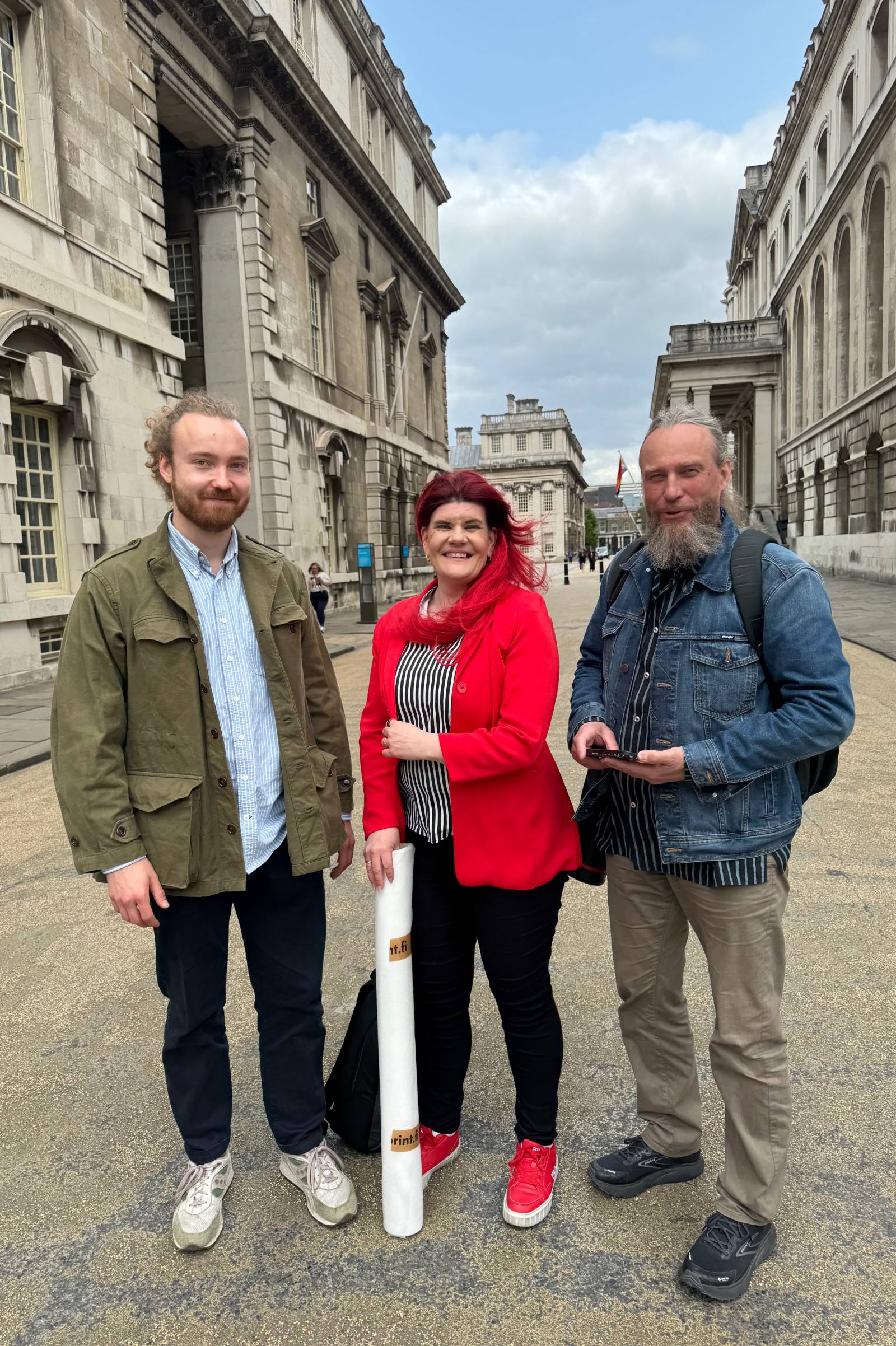 Picture represents Juhokalle Pekkala, Pirita Ihamäki and Juha Suonpää at Greenwich University for Society Matchmaking -event.