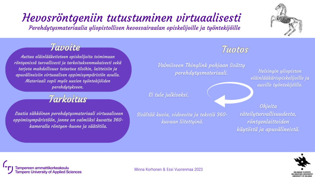 Hevosröntgeniin tutustuminen virtuaalisesti. Opinnäytetyönä tuotettiin perehdytysmateriaalia hevossairaalan opiskelijoille ja työntekijöille.