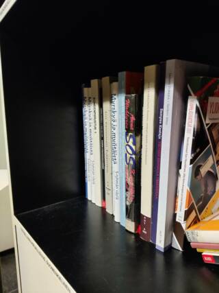 Kirjapino kirjahyllyssä.