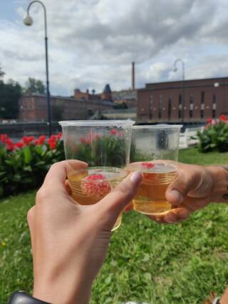 Kaksi henkilöä skoolaamassa Tampereen Koskipuistossa kesällä.