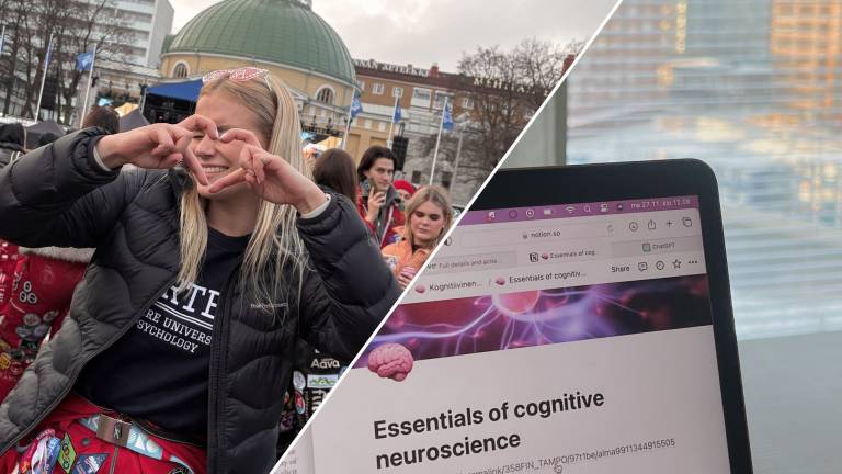 Kuva psykologian opiskelijasta haalarit jalassa. Toisessa kuvassa läppärin näyttö.